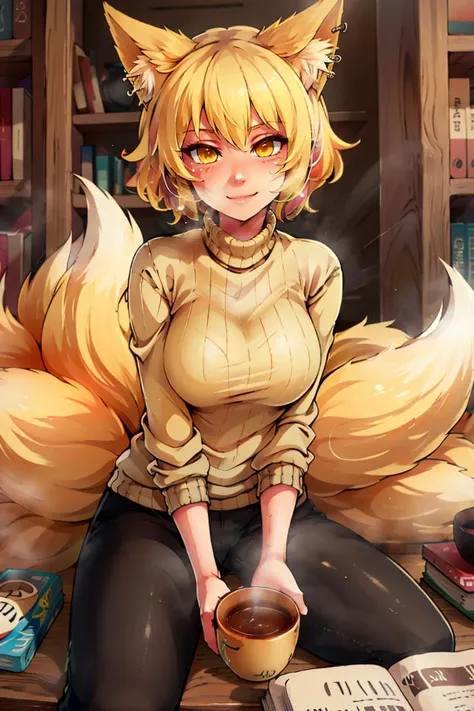 turtleneck sweater, earrings, library, cup of steaming coffee, sitting at table((masterpiece,best quality)), absurdres, <lora:Yakumo_Ran_Touhou:0.8>, Yakumo_Ran_Touhou, 1girl, solo, blonde, blonde hair, short hair, yellow eyes, fox, fox tail,  solo, smiling, looking at viewer,