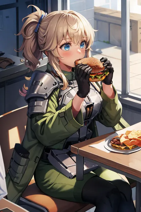 masterpiece, best quality, 1girl, solo, pinne \(nikke\), tactical clothes, military, armor, jacket, shotgun shell, gloves, long sleeves, shoulder pads, sitting, table, holding giant burger with both hands, eating <lora:pinne-nikke-richy-v1:0.9> <lora:borger-nvwls-ver-2:0.7>