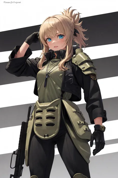 masterpiece, best quality, 1girl, solo, standing, <lora:pinne-nikke-richy-v1:1> pinne \(nikke\), military, armor, jacket, shotgun shell, gloves