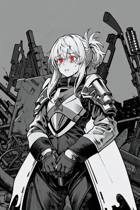 masterpiece, best quality, 1girl, solo, standing, cowboy shot, <lora:pinne-nikke-richy-v1:1> pinne \(nikke\), tactical clothes, military, (armor:0.8), jacket, shotgun shell, gloves, asymmetrical shoulder pads, broken, damaged, red eyes, glowing eyes, crying with eyes open, blood, torn clothes, parted lips, blank eyes, greyscale, injury