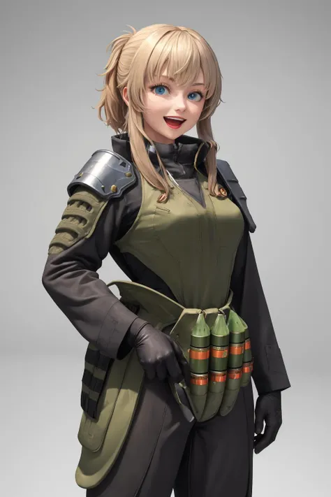 masterpiece, best quality, 1girl, solo, standing, cowboy shot, <lora:pinne-nikke-richy-v1:1> pinne \(nikke\), tactical clothes, military, (armor:0.8), jacket, (shotgun shell:1.2), gloves, asymmetrical shoulder pads, :d
