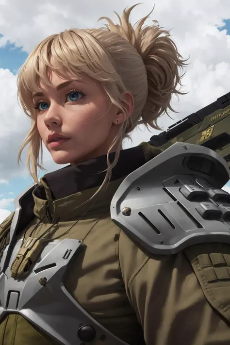 masterpiece, best quality, 1girl, solo, <lora:pinne-nikke-richy-v1:1> pinne \(nikke\), tactical clothes, military, armor, jacket, shotgun shell, gloves, long sleeves, shoulder pads, close-up, parted lips
