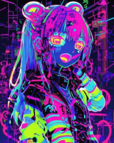 anime girl :1.3 , Vibrant neon colors clash and meld together, forming an electrifying visual representation of breakcore's genre-bending soundscapes:1.5, vibrant neon colors:1.2, clash and meld:1.2, electrifying visual representation:1.1, breakcore's genre-bending soundscapes:1.2. , breakcore<lora:breakcore_sdxl:1.0>