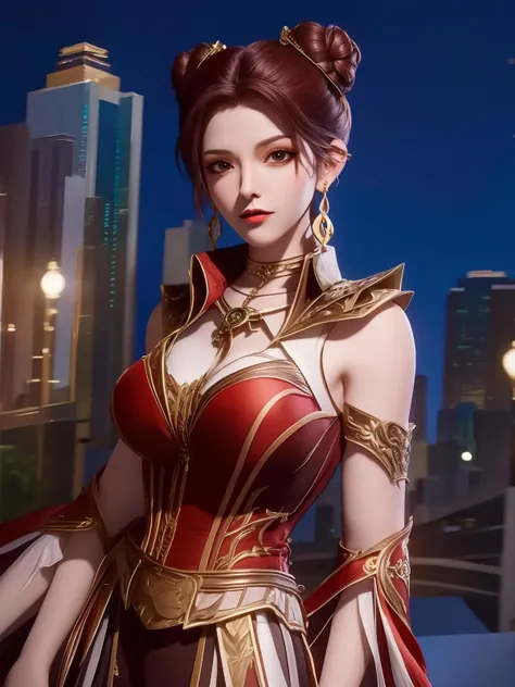 <lora:DLDLIImaxiaotao_20230802170946:0.75>,1girl, mature female, cityscape, night, looking at viewer, earrings, jewelry, hair bun,double bun, short hair, clothing cutout, cowboy shot, high collar,shoulder armor, shirt,