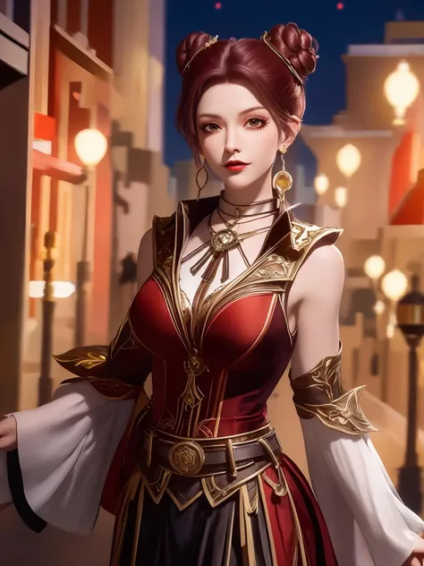<lora:DLDLIImaxiaotao_20230802170946:0.75>,1girl,mature female,cityscape,night,looking at viewer,earrings,jewelry,hair bun,double bun,short hair,clothing cutout,cowboy shot,high collar,shoulder armor,long,belt, skirt,necktie, collar,