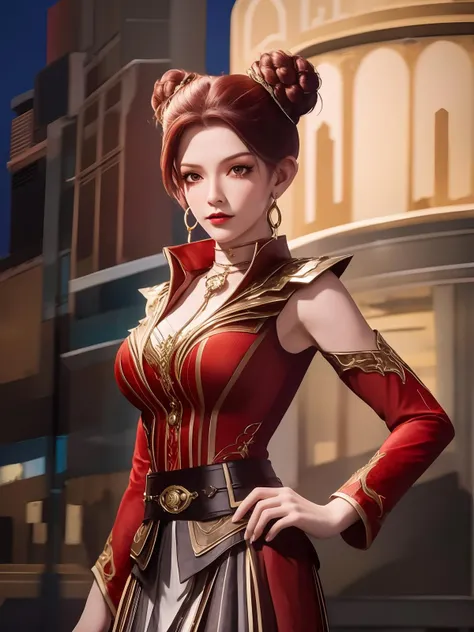 <lora:DLDLIImaxiaotao_20230802170946:0.75>,1girl,mature female,cityscape,night,looking at viewer,earrings,jewelry,hair bun,double bun,short hair,clothing cutout,cowboy shot,high collar,shoulder armor,long,belt, skirt,necktie, collar,