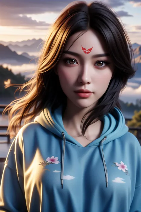 flow3rmark, 1girl, (upper body:1.3), 20 years old, beautiful chinese girl, detailed face, (forehead mark:1.2), long hair, floating hair, Dark Auburn hair, facing viewer, small face, sick, lipstick, brush, symmetrical eyes, (large breasts, narrow waist), (nice hands, perfect hands), (hoodie, cloud print, denim shorts), high detail skin, real skin, (sky, clouds, mountain, river, falling petals), (masterpiece, top quality, best quality, official art, beautiful and aesthetic:1.2), extreme detailed, epic cinematic, soft nature lights, rim light, absurd, amazing, hyper detailed, ultra realistic, soft colors, <lora:Foreheadwear_v2:0.8> <lora:GoodHands-vanilla:1> <lora:more_details:0.3>