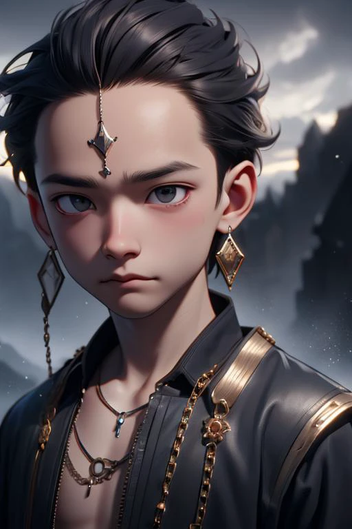 , male <lora:Foreheadwear_v2:0.6> 4hewe, forehead jewel, forehead chain, cinematic, atmospheric, dust particles, chiaroscuro