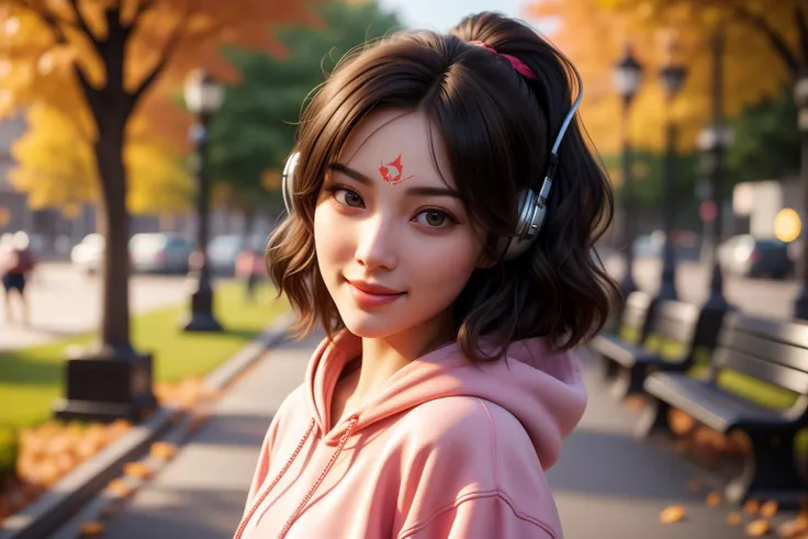 flow3rmark, 1girl, (running:1.3), 20 years old, beautiful chinese girl, detailed face, (forehead mark:1.5), shorts hair, wavy hair, Sandy Blonde hair, facing viewer, small face, smile, lipstick, brush, symmetrical eyes, (large breasts, narrow waist), (nice hands, perfect hands), (Headphones, pink hoodie, Sports, Smartwatch), high detail skin, real skin, (park, grass, park bench, dappled sunlight, falling leaves), (masterpiece, top quality, best quality, official art, beautiful and aesthetic:1.2), extreme detailed, epic cinematic, soft nature lights, rim light, absurd, amazing, hyper detailed, ultra realistic, soft colors, <lora:Foreheadwear_v2:0.7> <lora:GoodHands-vanilla:1> <lora:more_details:0.3>