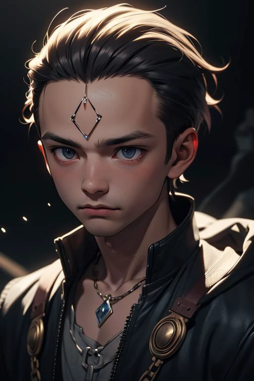 ( boy:0.6), male <lora:Foreheadwear_v2:0.2> 4hewe, forehead jewel, forehead chain, cinematic, atmospheric, dust particles, chiaroscuro
