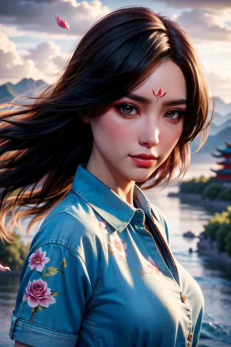 4hewe, flow3rmark, 1girl, (upper body:1.3), 20 years old, beautiful chinese girl, detailed face, forehead mark, long hair, floating hair, Auburn hair, facing viewer, small face, :3, lipstick, brush, symmetrical eyes, (large breasts, narrow waist), (nice hands, perfect hands), (collared shirt, cloud print, denim shorts), high detail skin, real skin, (sky, clouds, mountain, river, falling petals), (masterpiece, top quality, best quality, official art, beautiful and aesthetic:1.2), extreme detailed, epic cinematic, soft nature lights, rim light, absurd, amazing, hyper detailed, ultra realistic, soft colors, <lora:Foreheadwear_v2:0.8> <lora:GoodHands-vanilla:1> <lora:more_details:0.3>