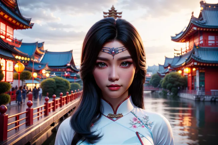 4hewe, 1girl, (cowboy shot, standing:1.4), 20 years old, beautiful chinese girl, detailed face, (forehead jewel:1.2), long hair, floating hair, light blue hair hair, facing viewer, small face, anxious, lipstick, brush, symmetrical eyes, (large breasts, narrow waist), (nice hands, perfect hands), (vietnamese dress, white dress, long sleeves), high detail skin, real skin, (pagoda:1.4), (masterpiece, top quality, best quality, official art, beautiful and aesthetic:1.2), extreme detailed, epic cinematic, soft nature lights, rim light, absurd, amazing, hyper detailed, ultra realistic, soft colors, <lora:Foreheadwear_v2:0.8> <lora:GoodHands-vanilla:1> <lora:more_details:0.3>