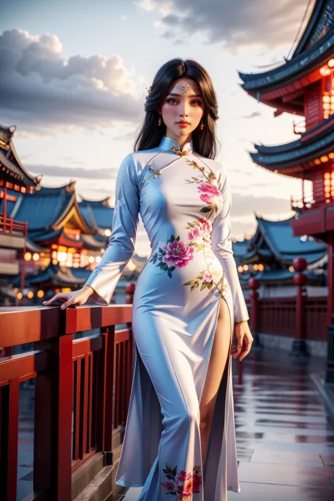 4hewe, 1girl, (feet out of frame, standing:1.4), 20 years old, beautiful chinese girl, detailed face, (forehead jewel:1.2), long hair, floating hair, grey hair hair, facing viewer, small face, puzzled, lipstick, brush, symmetrical eyes, (large breasts, narrow waist), (nice hands, perfect hands), (white vietnamese dress, floral print, long sleeves), high detail skin, real skin, (pagoda:1.4), (masterpiece, top quality, best quality, official art, beautiful and aesthetic:1.2), extreme detailed, epic cinematic, soft nature lights, rim light, absurd, amazing, hyper detailed, ultra realistic, soft colors, <lora:Foreheadwear_v2:0.8> <lora:GoodHands-vanilla:1> <lora:more_details:0.3>