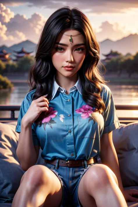 4hewe, 1girl, (feet out of frame, sitting:1.4), 20 years old, beautiful chinese girl, detailed face, (forehead jewel:1.2), long hair, floating hair, brown hair hair, facing viewer, small face, :q, lipstick, brush, symmetrical eyes, (large breasts, narrow waist), (nice hands, perfect hands), (collared shirt, cloud print, denim shorts), high detail skin, real skin, (studio:1.4), (masterpiece, top quality, best quality, official art, beautiful and aesthetic:1.2), extreme detailed, epic cinematic, soft nature lights, rim light, absurd, amazing, hyper detailed, ultra realistic, soft colors, <lora:Foreheadwear_v2:0.8> <lora:GoodHands-vanilla:1> <lora:more_details:0.3>