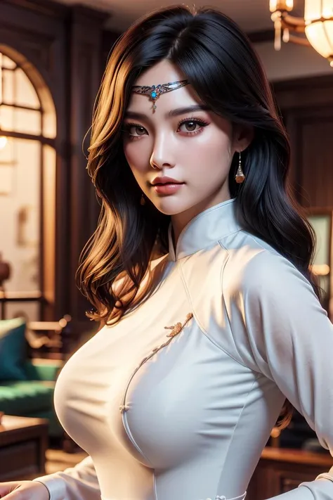4hewe, 1girl, (cowboy shot:1.4), 20 years old, beautiful chinese girl, detailed face, asymmetrical bangs, (forehead jewel:1.2), long wavy hair, Ash Blonde hair, facing viewer, small face, frown, lipstick, brush, symmetrical eyes, ((curvy, large breasts:1.2), defined abs, narrow waist), (nice hands, perfect hands), (white Vietnamese Dress, long sleeves), high detail skin, real skin, (living room:1.4), (masterpiece, top quality, best quality, official art, beautiful and aesthetic:1.2), extreme detailed, epic cinematic, soft nature lights, rim light, absurd, amazing, hyper detailed, ultra realistic, soft colors, <lora:Foreheadwear_v2:0.8> <lora:GoodHands-vanilla:1> <lora:more_details:0.3>