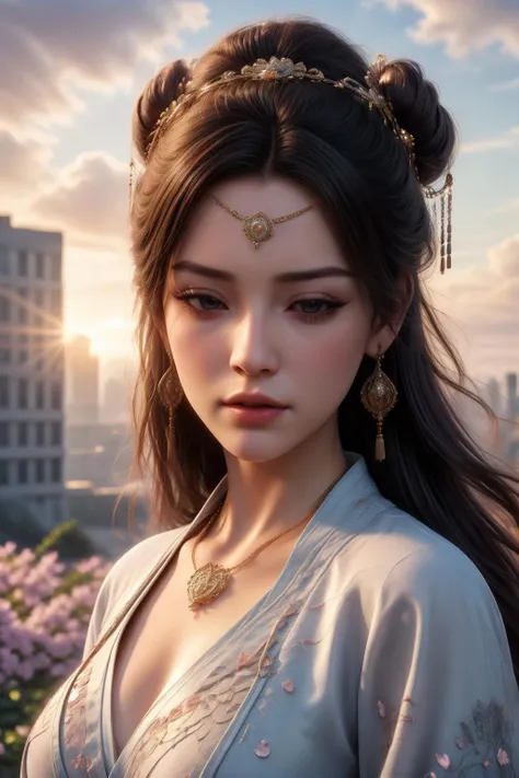 swordism, 4hewe, 1girl, upper body, sitting, 20 years old, beautiful chinese girl, detailed face, asymmetrical bangs, (forehead chain, forehead talisman, double buns, brown hair, facing viewer, small face, angry, closed eyes, lipstick, brush, long winged eye liner, long eyelashes, nose contouring, symmetrical eyes, chiselled jaw line), (hands on own knees), ((curvy, large breasts:1.2), defined abs, narrow waist), (nice hands, perfect hands), (Vietnamese dress, ao dai, white dress, long sleeves, bodycon, necklace), high detail skin, real skin, (blue sky, cloud, cityscape, falling petals, flowers, sun light, backlighting:1.4), (masterpiece, top quality, best quality, official art, beautiful and aesthetic:1.2), extreme detailed,((colorful refraction)), (beautiful detailed sky), Life optical flow,((dark intense shadows)), ((cinematic lighting)), ((sharp focus)), ((masterpiece)), ((best quality)), epic cinematic, soft nature lights, rim light, absurd, amazing, hyper detailed, ultra realistic, soft colors, <lora:Forehead_wear:0.4> <lora:GoodHands-vanilla:1> <lora:more_details:0.3>