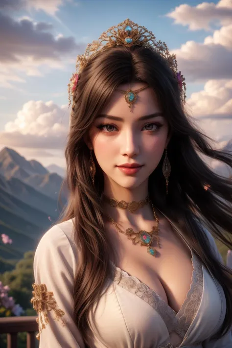 swordism, 4hewe, 1girl, feet out of frame, standing, 20 years old, beautiful chinese girl, detailed face, asymmetrical bangs, (forehead jewel, long wavy hair, black hair, facing viewer, small face, happy, smile, pink eyes, lipstick, brush, long winged eye liner, long eyelashes, nose contouring, symmetrical eyes, chiselled jaw line), (hands on own cheeks), ((curvy, large breasts:1.2), defined abs, narrow waist), (nice hands, perfect hands), (bodysuit, short, choker), high detail skin, real skin, (blue sky, cloud, mountain, falling petals, flowers, sun light, backlighting:1.4), (masterpiece, top quality, best quality, official art, beautiful and aesthetic:1.2), extreme detailed,((colorful refraction)), (beautiful detailed sky), Life optical flow,((dark intense shadows)), ((cinematic lighting)), ((sharp focus)), ((masterpiece)), ((best quality)), epic cinematic, soft nature lights, rim light, absurd, amazing, hyper detailed, ultra realistic, soft colors, <lora:Forehead_wear:0.4> <lora:GoodHands-vanilla:1> <lora:more_details:0.3>