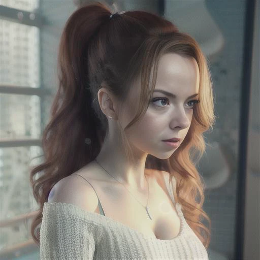 award winning portrait photograph of busty cute FrancescaCapaldi, (large breasts, thin waist, short), intricate, highly detailed, cinematic lighting, smooth, sharp focus, (long wavy hair), loose white sweater plunging neckline, (pixar style), WLOP, Rossdraws, ArtStation, CGSociety, concept art, cgsociety, octane render, trending on artstation, artstationHD, artstationHQ, unreal engine, 4k, 8k