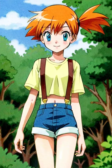 1girl, misty \(pokemon\), orange hair, shorts, suspenders,
 <lora:mistyPokemon_v2:0.6>