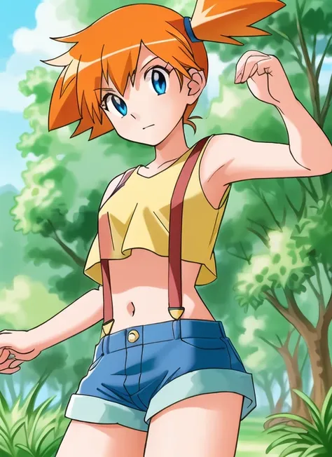 ((best quality)), ((highly detailed)), masterpiece, ((official art)), (detailed eyes, deep eyes), (1girl:1.33, solo), full body, <lora:mistyPokemon_v2:.6>, misty_(pokemon), orange hair, side ponytail, short hair, blue eyes, poke ball, :), yellow crop top, denim shorts, (red suspenders), (midriff, navel), red sneakers