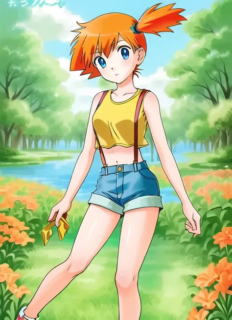 ((best quality)), ((highly detailed)), masterpiece, ((official art)), (detailed eyes, deep eyes), (1girl:1.33, solo), full body, <lora:mistyPokemon_v2:.6>, misty_(pokemon), orange hair, side ponytail, short hair, blue eyes, poke ball, yellow crop top, denim shorts, (red suspenders), midriff, navel, red sneakers