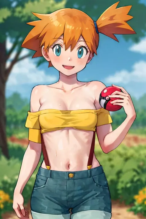 masterpiece, best quality, highres, 1girl, misty (pokemon), orange hair, solo, shorts, suspenders, side ponytail, orange hair, midriff, yellow crop top, navel, short hair, denim, denim shorts,, smile, cowboy shot, outdoors, <lora:misty_(pokemon)_v2:0.7>, Under Boob, small breasts, Externally expanded Chest,