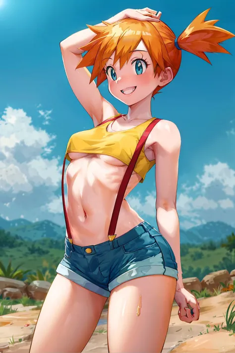 masterpiece, best quality, highres, 1girl, misty (pokemon), orange hair, solo, shorts, suspenders, side ponytail, orange hair, midriff, yellow crop top, navel, short hair, denim, denim shorts,, smile, cowboy shot, outdoors, <lora:misty_(pokemon)_v2:0.7>, Under Boob, small breasts, Externally expanded Chest,