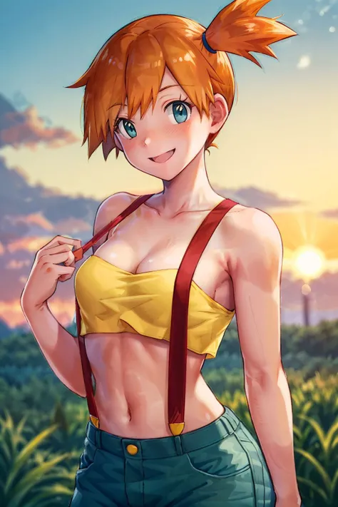 masterpiece, best quality, highres, 1girl, misty (pokemon), orange hair, solo, shorts, suspenders, side ponytail, orange hair, midriff, yellow crop top, navel, short hair, denim, denim shorts,, smile, cowboy shot, outdoors, <lora:misty_(pokemon)_v2:0.7>, Under Boob, small breasts, Externally expanded Chest,