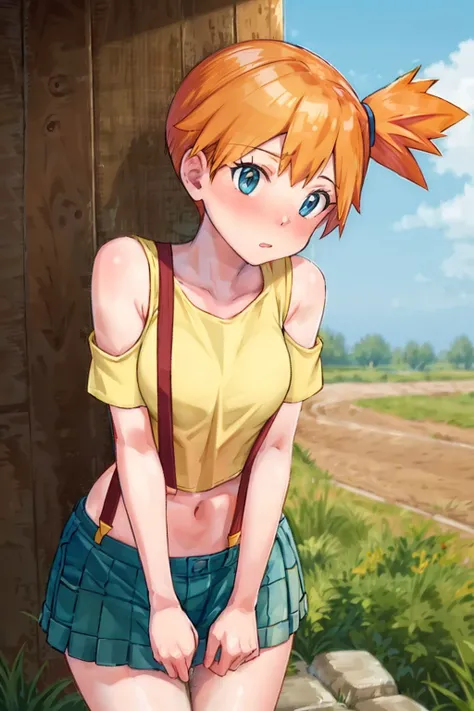masterpiece, best quality, highres, 1girl, misty (pokemon), orange hair, solo, shorts, suspenders, side ponytail, orange hair, midriff, yellow crop top, navel, short hair, denim, denim shorts, cowboy shot, outdoors, <lora:misty_(pokemon)_v2:0.7>, Under Boob, small breasts, Externally expanded Chest