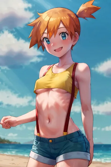 masterpiece, best quality, highres, 1girl, misty (pokemon), orange hair, solo, shorts, suspenders, side ponytail, orange hair, midriff, yellow crop top, navel, short hair, denim, denim shorts,, smile, cowboy shot, outdoors, <lora:misty_(pokemon)_v2:0.7>, Under Boob, small breasts, Externally expanded Chest,