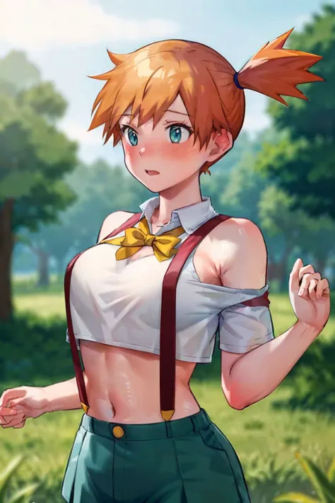 masterpiece, best quality, highres, 1girl, misty (pokemon), orange hair, solo, shorts, suspenders, side ponytail, orange hair, midriff, yellow crop top, navel, short hair, denim, denim shorts, cowboy shot, outdoors, <lora:misty_(pokemon)_v2:0.7>, Under Boob, small breasts, Externally expanded Chest, looking at viewer,