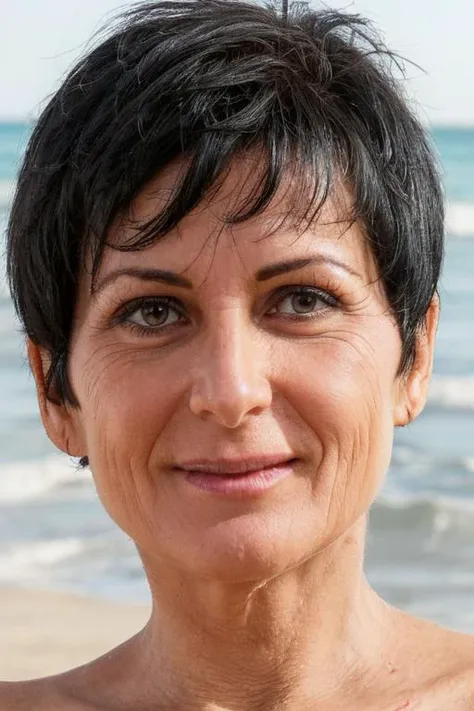 face closeup photo of a 50 yo woman with very short black hair in on the beach, detailed skin texture <lora:face_average:0.9>