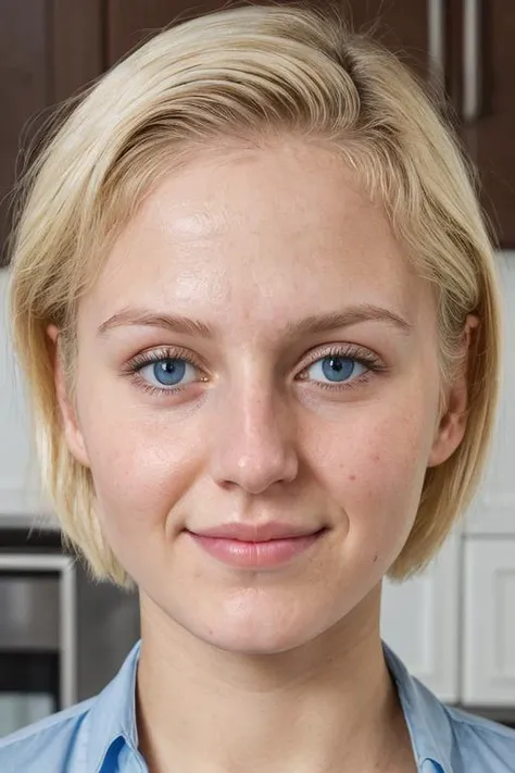 face closeup photo of a 20 yo woman with short naturally blonde hair wearing a blue blouse  in a bright kitchen, detailed skin texture  <lora:face_average:0.5>