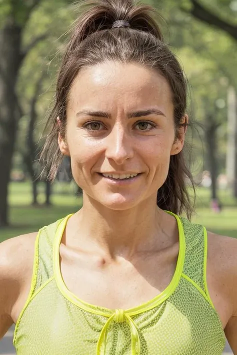 face closeup photo of a 30 yo woman with tied back brown hair wearing running gear in a park, detailed skin texture  <lora:face_average:0.6>