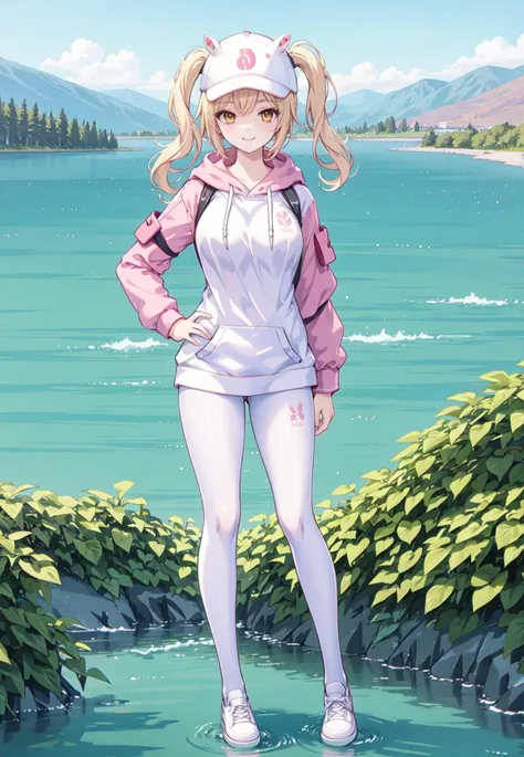 masterpiece, best quality,shiny,chromatic aberration abuse,pastel color,wide shot, full body,
1girl,solo, <lora:yuki2-000014:0.5>yukiT,smile,blonde hair,yellow eyes,twintails,
looking at viewer,mature female,
outdoors,lake,mountainous horizon, autumn, standing,hand on hip,
<lora:AliceHomeClothingHoodieV1:1> hoodie, white pantyhose,white shoes,baseball cap, animal ears,
