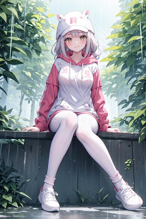masterpiece, best quality,shiny,chromatic aberration abuse,pastel color,full body,wide shot,
1girl,solo, brown eyes, smile,long hair,glossy skin
looking at viewer,mature female,
architecture,trees,alley,rain,sitting, own hands together,
<lora:AliceHomeClothingHoodieV1:1>hoodie, white pantyhose,socks,white shoes,baseball cap, animal ears,