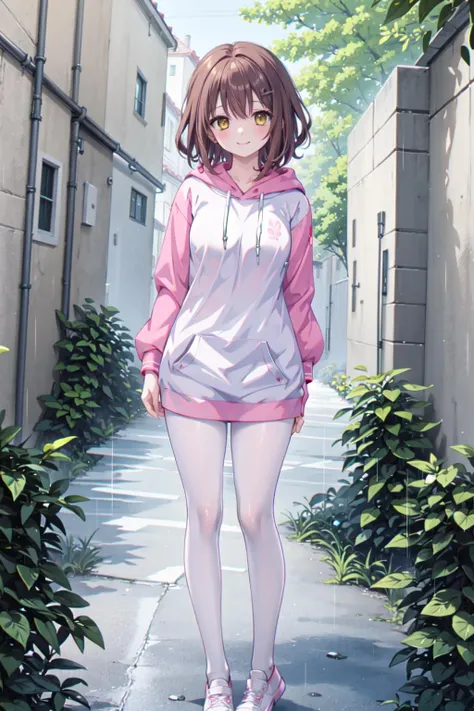 masterpiece, best quality,shiny,chromatic aberration abuse,pastel color,full body,wide shot,
1girl,solo,<lora:akiko2:0.7>,akiko,hair ornament, brown hair, yellow eyes,smile,
looking at viewer,mature female,
architecture,trees,alley,rain,standing, hand on own face,
<lora:AliceHomeClothingHoodieV1:1>pink hoodie, white pantyhose,
