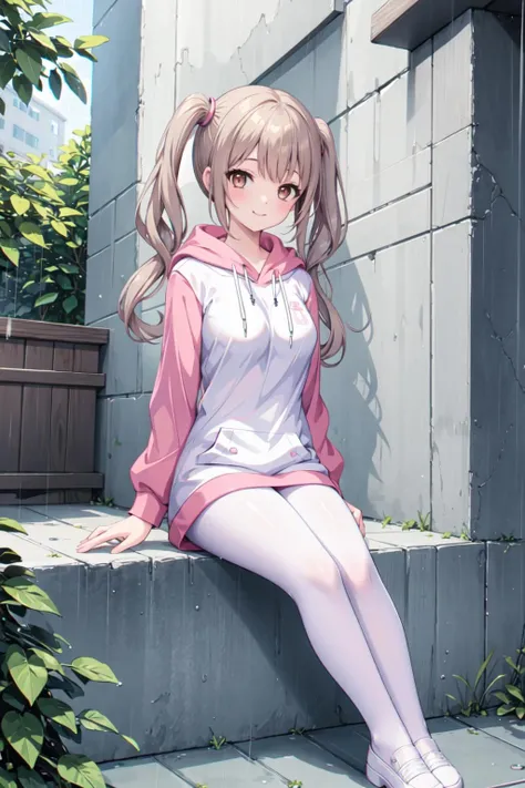 masterpiece, best quality,shiny,chromatic aberration abuse,pastel color,full body,wide shot,
1girl,solo, <lora:mizuki2-000012:0.5>mizukiT,twintail,brown eyes,brown hair,smile,
looking at viewer,mature female,
architecture,trees,alley,rain,sitting, own hands together,
<lora:AliceHomeClothingHoodieV1:1>pink hoodie, white pantyhose,