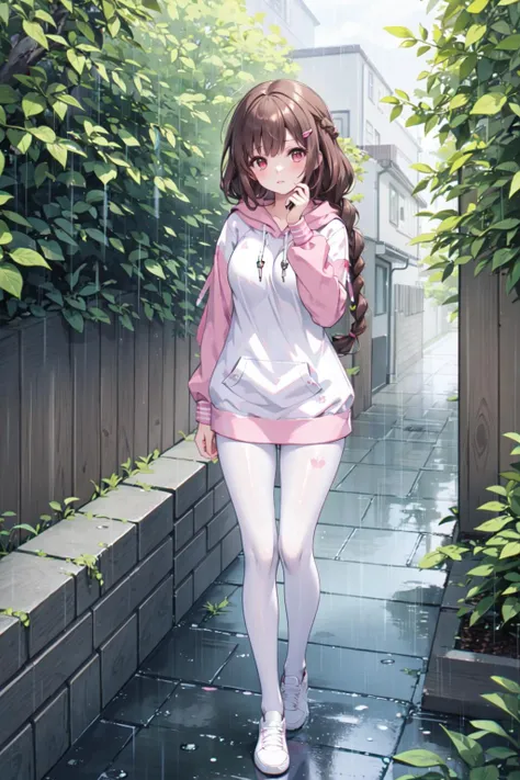 masterpiece, best quality,shiny,chromatic aberration abuse,pastel color,full body,wide shot,
1girl, solo, brown hair, long hair, hair ornament,  braid, hairclip, red eyes, <lora:izumi:0.4>,
looking at viewer,mature female,
architecture,trees,alley,rain,standing, hand on own face, 
 <lora:AliceHomeClothingHoodieV1:1>pink hoodie, white pantyhose,
