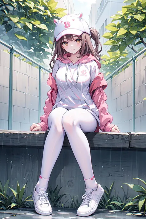 masterpiece, best quality,shiny,chromatic aberration abuse,pastel color,full body,wide shot,
1girl,solo, <lora:chihiro-000010:0.6> chihiro,brown eyes, smile,long hair,glossy skin
looking at viewer,mature female,
architecture,trees,alley,rain,sitting, spread legs,
<lora:AliceHomeClothingHoodieV1:1>hoodie, white pantyhose,socks,white shoes,baseball cap, animal ears,