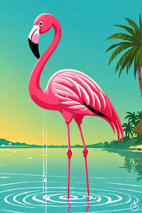 Vector art, cartoon, a flamingo standing in the water by monsieur z <lora:Monsieur_Z_Style_XL-000010>