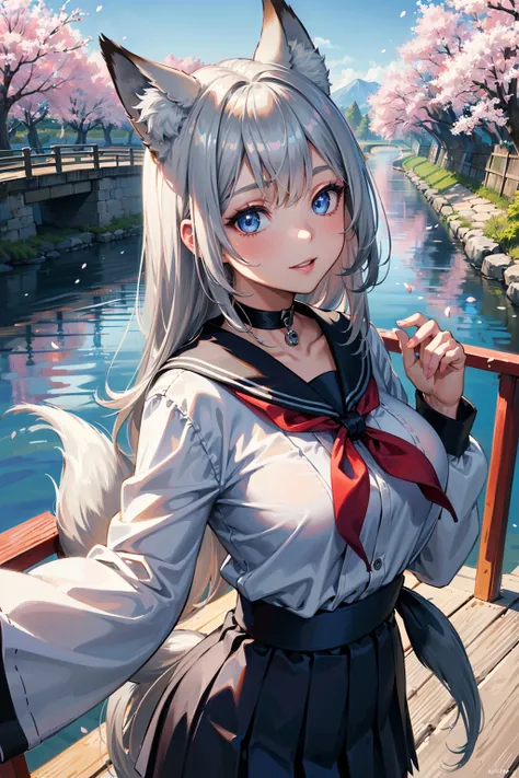 (masterpiece, best quality, glowing light, glistening, shiny skin, ultra detailed, detailed background, complex background),((1girl)),(perfect face, detailed face, detailed eyes,perfect hands,perfect fingers), (large boobs:1.2,smile),(mature female:1.4),cowboy shot,thicc,
((silver gradient hair:1.5)),((best ligh_blue streaked hair:1.3)),long hair, hair bangs,(multicolored hair),((blue_eyes)),multicolored eyes, gradient eyes, (glowing eyes:1.1), mascara, (fashion make up), parted lips,((fox ears,((blue tail)):1.5,fox tail)),school uniform, skirt, coat, beret, scarf,choker,black choker,bell,
((middle of japanese countryside,japanese bridge,over the bridge,river,cherry trees,cherry petals,dark blue sky)),((super detailed background)), dynamic poses, ((8k wallpaper))