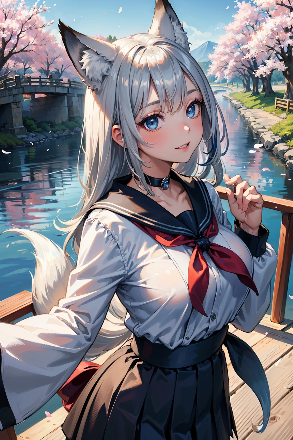 (masterpiece, best quality, glowing light, glistening, shiny skin, ultra detailed, detailed background, complex background),((1girl)),(perfect face, detailed face, detailed eyes,perfect hands,perfect fingers), (large boobs:1.2,smile),(mature female:1.4),cowboy shot,thicc,
((silver gradient hair:1.5)),((best ligh_blue streaked hair:1.3)),long hair, hair bangs,(multicolored hair),((blue_eyes)),multicolored eyes, gradient eyes, (glowing eyes:1.1), mascara, (fashion make up), parted lips,((fox ears,((blue tail)):1.5,fox tail)),school uniform, skirt, coat, beret, scarf,choker,black choker,bell,
((middle of japanese countryside,japanese bridge,over the bridge,river,cherry trees,cherry petals,dark blue sky)),((super detailed background)), dynamic poses, ((8k wallpaper))