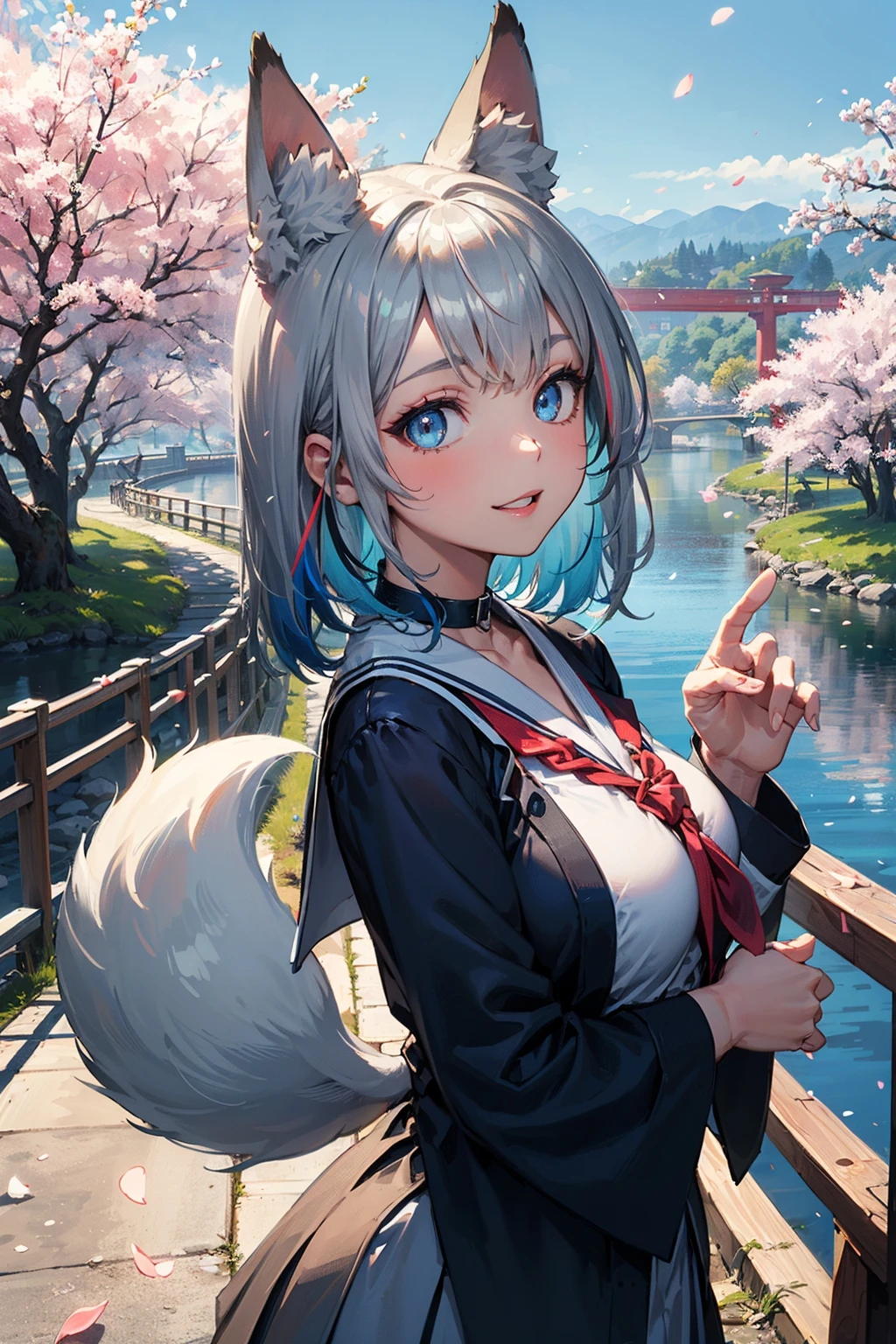 (masterpiece, best quality, glowing light, glistening, shiny skin, ultra detailed, detailed background, complex background),((1girl)),(perfect face, detailed face, detailed eyes,perfect hands,perfect fingers), (large boobs:1.2,smile),(mature female:1.4),cowboy shot,thicc,
((silver gradient hair:1.5)),((best ligh_blue streaked hair:1.3)),long hair, hair bangs,(multicolored hair),((blue_eyes)),multicolored eyes, gradient eyes, (glowing eyes:1.1), mascara, (fashion make up), parted lips,((fox ears,((blue tail)):1.5,fox tail)),school uniform, skirt, coat, beret, scarf,choker,black choker,bell,
((middle of japanese countryside,japanese bridge,over the bridge,river,cherry trees,cherry petals,dark blue sky)),((super detailed background)), dynamic poses, ((8k wallpaper))