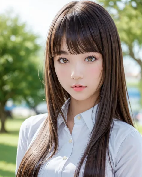 best quality, photorealistic, 8k, high res, full color, 1girl, woman, 20 years old woman, (closed mouth:1.43), (skindentation), trees, park bench, daylight, ((park background:1.52)), full color, ((white buttoned shirt:1.58)), looking at viewer:1.8, (1girl eyes looking at viewer:1.55), (long hair, brownhair, partedbangs:1.85), (bokeh), <lora:AAG-eunji:0.64>