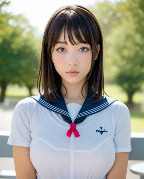 best quality, photorealistic, 8k, high res, full color, 1girl, woman, 20 years old woman, (closed mouth:1.43), (skindentation), trees, park bench, daylight, ((park background:1.52)), full color, ((sailor school uniform:1.58)), looking at viewer:1.8, (1girl eyes looking at viewer:1.55), (medium hair, brownhair, partedbangs:1.85), (bokeh), <lora:AAG-eunji:0.64>