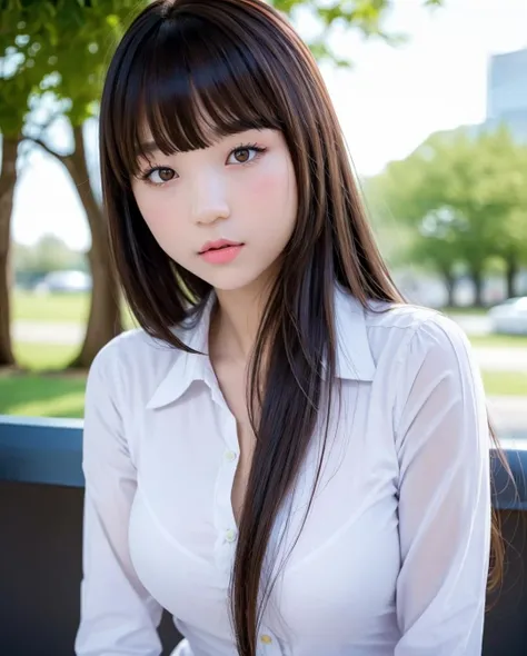 best quality, photorealistic, 8k, high res, full color, 1girl, woman, 20 years old woman, (closed mouth:1.43), (skindentation), trees, park bench, daylight, ((park background:1.52)), full color, ((white buttoned shirt:1.58)), looking at viewer:1.8, (1girl eyes looking at viewer:1.55), (long hair, brownhair, partedbangs:1.85), (bokeh), <lora:AAG-eunji:0.64>