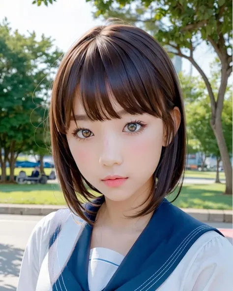 best quality, photorealistic, 8k, high res, full color, 1girl, woman, 20 years old woman, (closed mouth:1.43), (skindentation), trees, park bench, daylight, ((park background:1.52)), full color, ((sailor school uniform:1.58)), looking at viewer:1.8, (1girl eyes looking at viewer:1.55), (medium hair, brownhair, partedbangs:1.85), (bokeh), <lora:AAG-eunji:0.64>