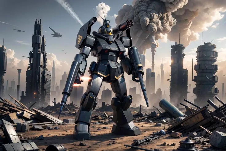 RAW photo of a giant black and gold painted robot with a gun in its hand, firing rockets from it's shoulder mounted rocket launcher, standing in a desolate, destroyed post-apocalyptic city, cloudy sky, harsh landscape, cluttered with debris
 <lora:Robotech_ThorenGriffin:.8>