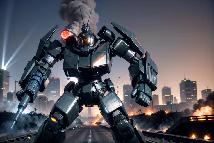 RAW photo of a  detailed  giant black and chrome<lora:Robotech_ThorenGriffin:.8> robot, firing a gun in its hand at enemy soldiers off in the distance, standing next to a freeway overpass, with a burning cityscape in the background, explosions, smoke, lasers firing in the sky,  <lora:more_details:.6>